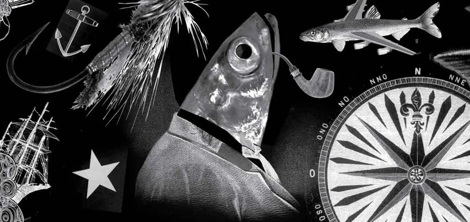 Capt. Mike's nautical collage art: a fish-headed sailor with a pipe beside a compass rose