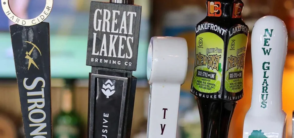 Tap handles from Great Lakes, Lakefront and New Glarus